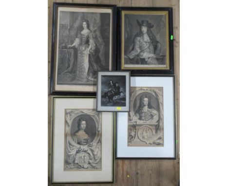 Four Antique black and white prints, two of William III and two of Queen Mary, together with another print