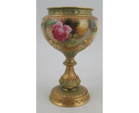 A Royal Worcester pedestal vase, the quarter lobed body decorated roses, shape number 1813, height 7.5ins