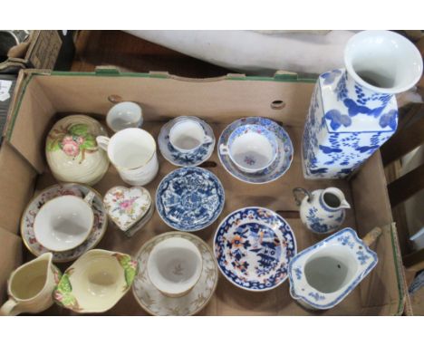 A collection of china to include 18th century blue and white jug, sparrow beak jug, continental heart shaped patch box etc