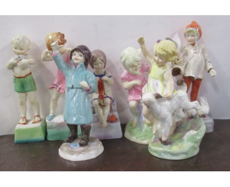 Seven Royal Worcester figures, from the days of the week or months of the year series