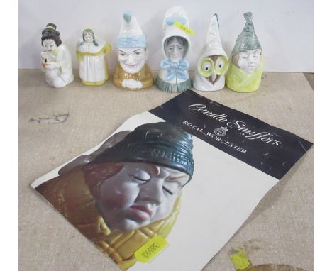 Six Royal Worcester candle snuffers, French Cook, Old Woman, Mr Caudle, Punch, Chinese Girl and Owl, with a leaflet