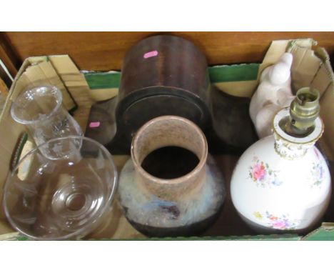 A box of items, to include a Royal Crown Derby lamp base, vases, clock etc