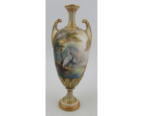 A Royal Worcester pedestal vase, decorated all round with a landscape and storks by W Powell, height 12.5ins