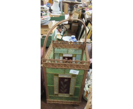 A stained glass and metal hanging light fitting, of rectangular form, height 20ins