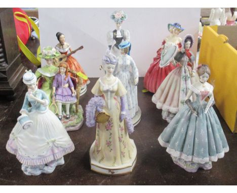 Eight Royal Worcester Victorian Ladies figurines, together with a Royal Doulton model Condition Report:   Elaine - cracked th