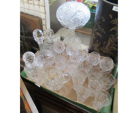 A collection of glass, including table lamp, wine glasses, decanters etc