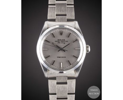 A GENTLEMAN'S STAINLESS STEEL ROLEX OYSTER PERPETUAL AIR KING BRACELET WATCH
CIRCA 1987, REF. 5500 R SERIAL, WITH LIGHT GREY 