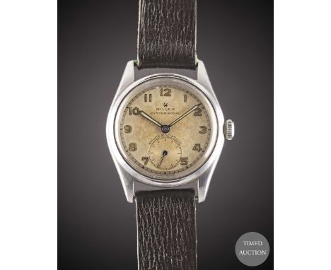 A GENTLEMAN'S STAINLESS STEEL ROLEX OYSTER ROYAL WRIST WATCH
CIRCA 1946, REF. 4444
Movement:&nbsp;15J, manual wind, signed Ro