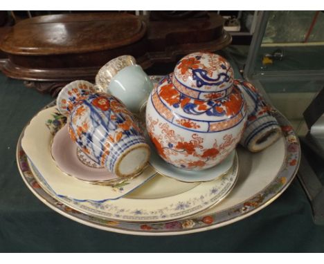 A Collection of Ceramics to Include Imari Patterned Biscuit Barrel and Pair of Matching Vases, Oval Meat Plate, Teacup and Sa