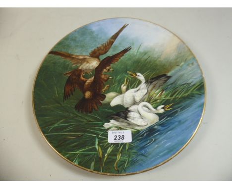 A Circular Continental Hand Painted Wall Plaque, Depicting Swans Being Attacked by Hawks, Signed F Poole, 31cm Diameter