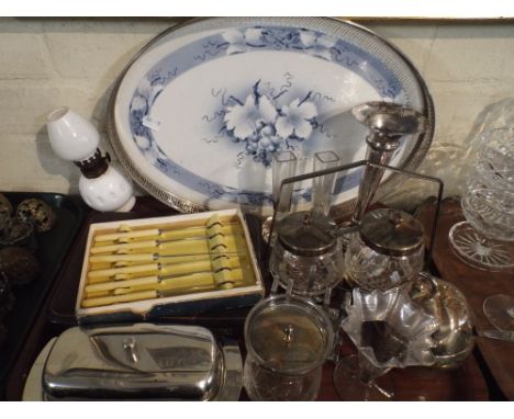 A Tray Containing Silver Plated Gallery Tray with Ceramic Base, Small Oil Lamp, Cased Cutlery, Preserve Pots Etc