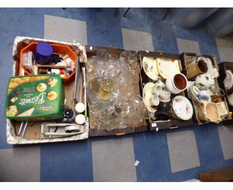 Four Boxes of Ceramics to Include Plates, Bowls, Jugs, Glassware, Sewing Accessories etc