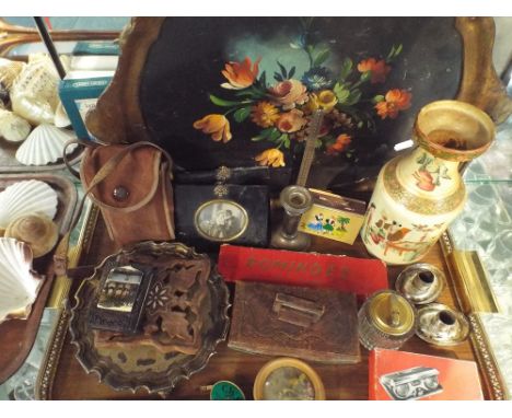 A Tray of Curios to Include Oriental Vase, Vintage Camera, Dominoes, Framed Miniature, Opera Glasses etc