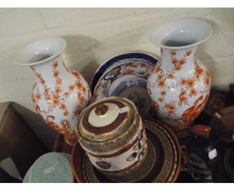 A Tray of Ceramics to Include Pair of Oriental Vases, Ceramic Biscuit Barrel, Bowls, Plates Etc 