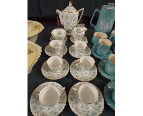A Minton Vanessa Patterned Coffee Set Comprising Six Cups and Saucers, Sugar, Cream and Coffee Pot, Two Dishes 