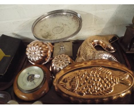 A Tray of Reproduction Copper Jelly Moulds, Aneroid Barometer, Silver Plated Stand