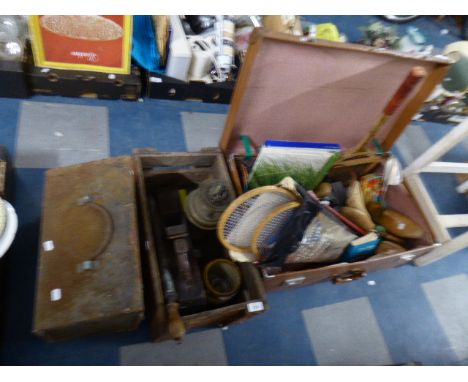 A Vintage Suitcase and Contents Together with Wooden Box Containing Tools and Oil Lamps etc 