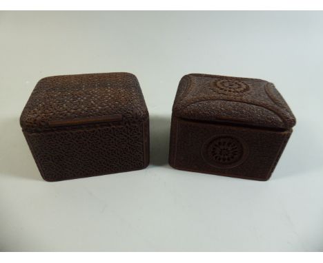Two Indian Finely Carved Card Boxes Containing Playing Cards 