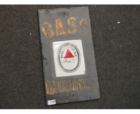 A Bass slate advertising plaque with ceramic tile insert, 51cm x 28cm