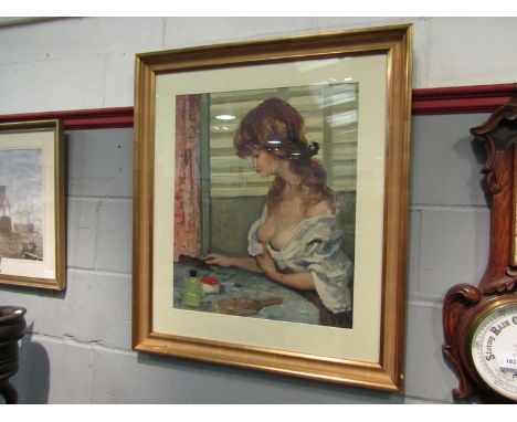 A modern coloured print depicting lady sat at her dressing table, framed and glazed 59.5cm x 49cm 