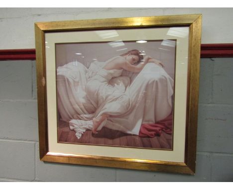 A modern print depicting girl in white satin dress asleep, framed and glazed 50cm x 57cm