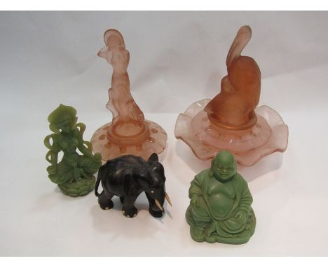A box containing a resin jade effect Buddha, deity, glass flower displays and an ebony elephant