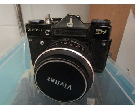 Two boxes of mixed cutlery, cassettes, SLR camera kit etc