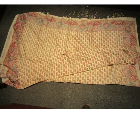 An early Victorian Antique Paisley roller print wool challis fringed shawl scarf, 150cm x 150cm, circa 1850    