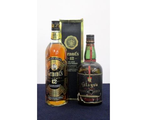 1 70-cl bt Grants de Luxe 12 YO blended Scotch Whisky NV oc 40% 1 bt Glayva Scotch Liqueur 75° proof, torn label Above two bo