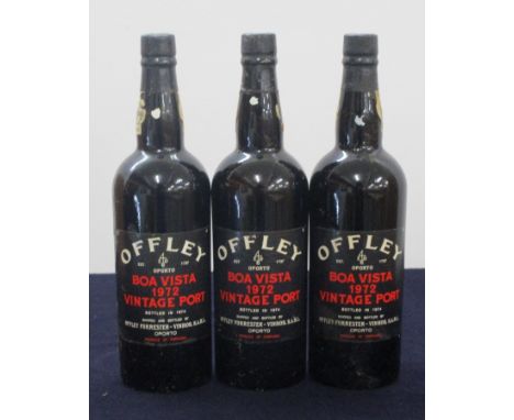 3 bts Offley Boa Vista 1972 Vintage Port  2 base of neck, bls -  cork dropped/ floating but capsule remains intact