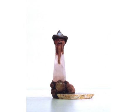 An abstract wizard figure incense stick holder, made from rose quartz, moonstone and other semi precious stone pieces.  