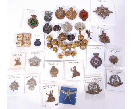 Quantity of British military cap badges, varying regiments, dates, makers and crowns. To include 2 x Victorian crown 96th Reg