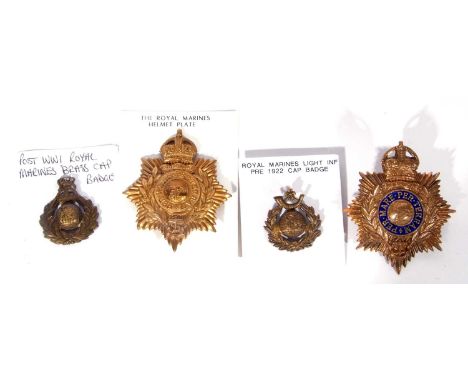 Quantity of 4 Royal Marines and Royal Marine Light Infantry helmet plates / cap badges with Kings cross. 2 x helmet plates po
