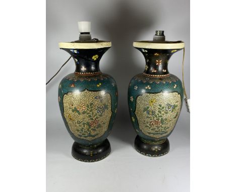 A PAIR OF JAPANESE MEIJI PERIOD (1868-1912) SATSUMA POTTERY CONVERTED LAMP BASES IN THE CLOISONNE STYLE, HEIGHT 42CM (A/F) 