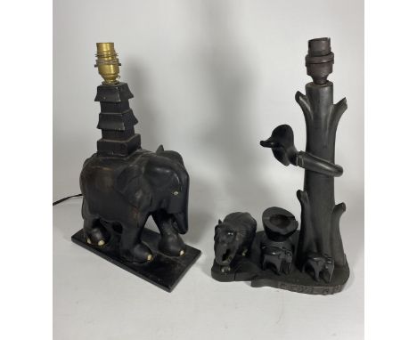 A VINTAGE EBONY ELEPHANT TABLE LAMP WITH FURTHER TREE &amp; ELEPHANT TABLE LAMP WITH COBRA DESIGN, HEIGHT 35CM 