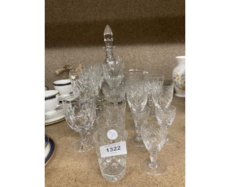 A QUANTITY OF GLASSWARE TO INCLUDE A DECANTER, JUG, WINE GLASSES, SHERRY GLASSES ETC., 