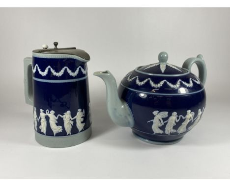 TWO COPELAND SPODE JASPERWARE STYLE ITEMS - TEAPOT &amp; WATER JUG, A/F 