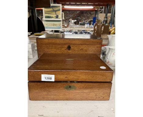 AN ANTIQUE PORTABLE WRITER'S DESK WITH INKWELL TOGETHER WITH MAHOGANY CASED WORK BOX 