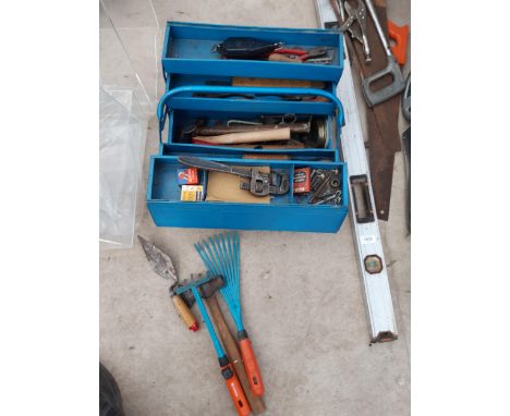 A METAL TOOL BOX CONTAINING AN ASSORTMENT OF TOOLS TO INCLUDE HAMMERS AND PLIERS ETC 