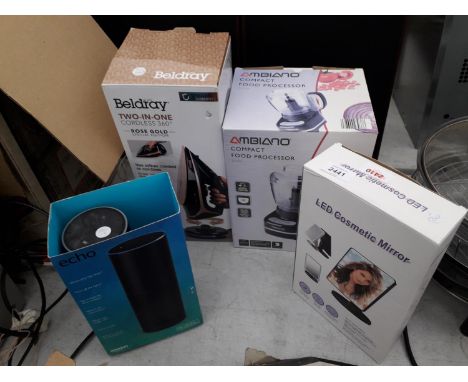 AN ASSORTMENT OF ITEMS TO INCLUDE AN ECHO SPEAKER AND A FOOD PROCESSOR ETC 