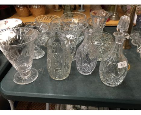 THIRTEEN LARGE ITEMS OF CUT GLASS TO INCLUDE VASES, BOWLS, DECANTER ETC 