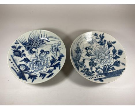 A PAIR OF CHINESE QING 19TH CENTURY BLUE AND WHITE PLATES WITH ROOSTER &amp; FLORAL DESIGN, SEAL MARK TO BASE, DIAMETER 25CM 