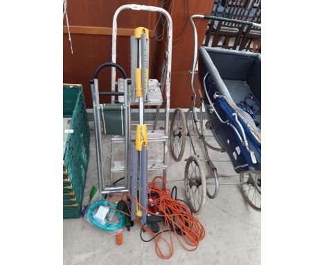 AN ASSORTMENT OF TOOLS TO INCLUDE A TWO RUNG ALUMINIUM STEP LADDER AND A FOOT PUMP ETC 