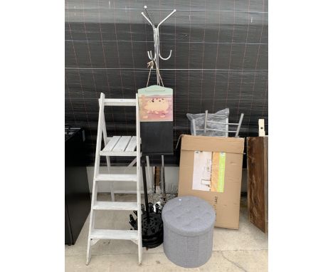 AN ASSORTMENT OF ITEMS TO INCLUDE A WOODEN STEP LADDER, A FOOT STOOL AND A COAT RACK ETC 