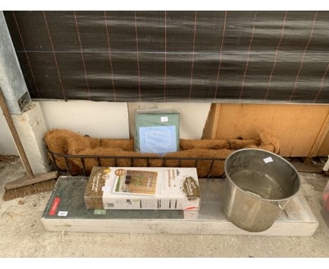AN ASSORTMENT OF ITEMS TO INCLUDE A HAYRACK PLANTER AND A STAINLESS STEEL BUCKET ETC 