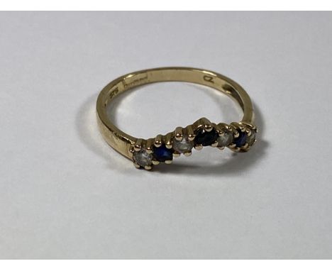 A 9CT GOLD WISHBONE SAPPHIRE &amp; CZ RING, WEIGHT 1.2G 