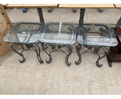 THREE MODERN LAMP TABLES ON METALWARE BASES WITH GLASS TOPS, 18" SQUARE EACH 