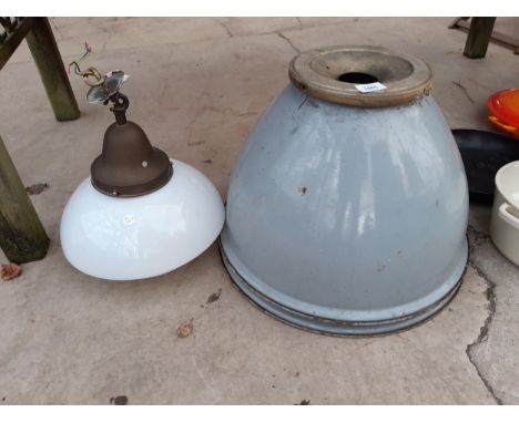TWO ENAMEL INDUSTRIAL LIGHT SHADES AND A GLASS LIGHT FITTING 