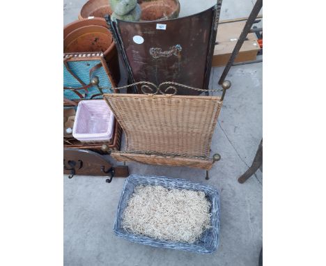 AN ASSORTMENT OF ITEMS TO INCLUDE A COPPER FIRE SCREEN AND A WICKER MAGAZINE RACK ETC 
