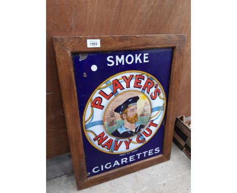 A WOODEN FRAMED RARE DOUBLE SIDED ORIGINAL 'PLAYERS NAVY CUT' ENAMEL SIGN 